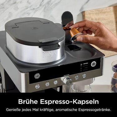 Кавомашина Ninja Prestige 2-в-1 для фільтр-кави та капсул з вбудованим капучинатором, для лате, айс-кави та флет вайт, чорна CFN802EU