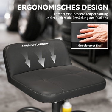 Зручний стілець-табурет для майстерні на колесах з полицею, висотою 58,5 см, здатний витримувати навантаження до 135 кг, чорного кольору.