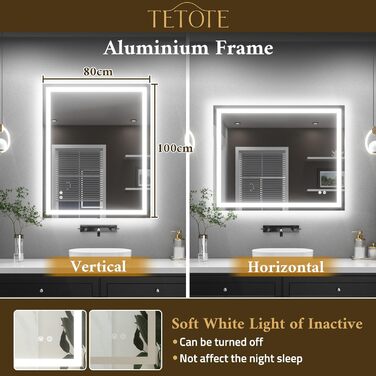 Дзеркало для ванної кімнати TETOTE з підсвічуванням 90x90 см, без рами, LED, сенсорне управління, 3 кольори, регулювання яскравості, функція пам'яті