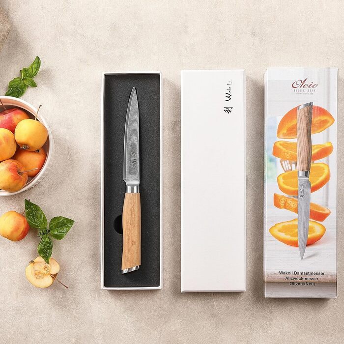 Ніж кухарський Wakoli з дамаської сталі (серцевина VG10), 20 см – гострий та збалансований – ніж з ручкою з оливкового дерева в подарунковій коробці – кухонний ніж Damask для професіоналів та любителів (універсальний)