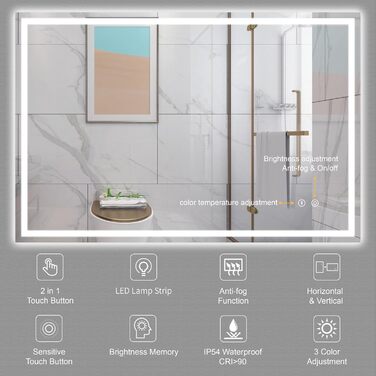 Дзеркало для ванної кімнати з LED-підсвічуванням Dripex 50x70 см, Touch-перемикач, антизапар, холодне біле світло 6400K, енергозберігаюче