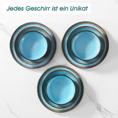Набір посуду Steingut vancasso AMBER на 6 осіб (24 шт.) - тарілки, супові тарілки, десертні тарілки, миски, реактивна глазур, блакитний колір, придатний для миття в посудомийній машині