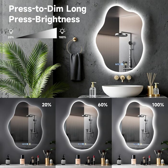 Дзеркало для ванної кімнати з підсвічуванням 50x70 см, з підігрівом, годинник, LED-підсвічування, сенсорна кнопка, функція пам'яті, 3 кольори світла, регулювання яскравості