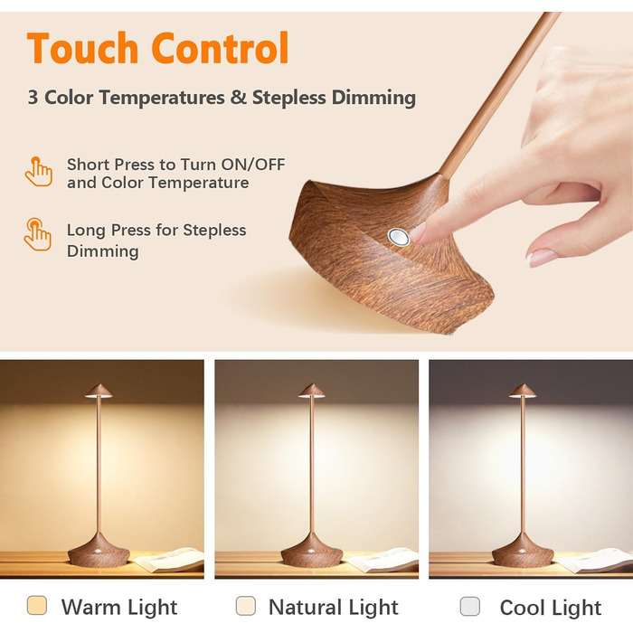 LED настільна лампа Hapfish 2 шт. на акумуляторі, бездротова, диммувана, водонепроникна, для дому та вулиці, матеріал: алюміній, колір: коричневий (2шт)