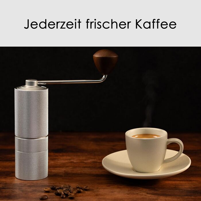 Ручна кавомолка з прецизійним жорновим механізмом з нержавіючої сталі та дерев'яним ручним грифом - для еспресо, з нержавіючої сталі (срібляста матова)