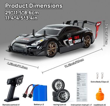 RC Автомобіль для дрифту 1:14 4WD GT – Радіокерування, пропорційний газ, чорний колір – Іграшка для дітей та дорослих