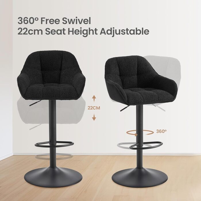 Набір з 2 барних стільців WOLTU, регульована висота, з підніжкою, обертаються, з м'яким сидінням, чорний, метал, Chenille Cord