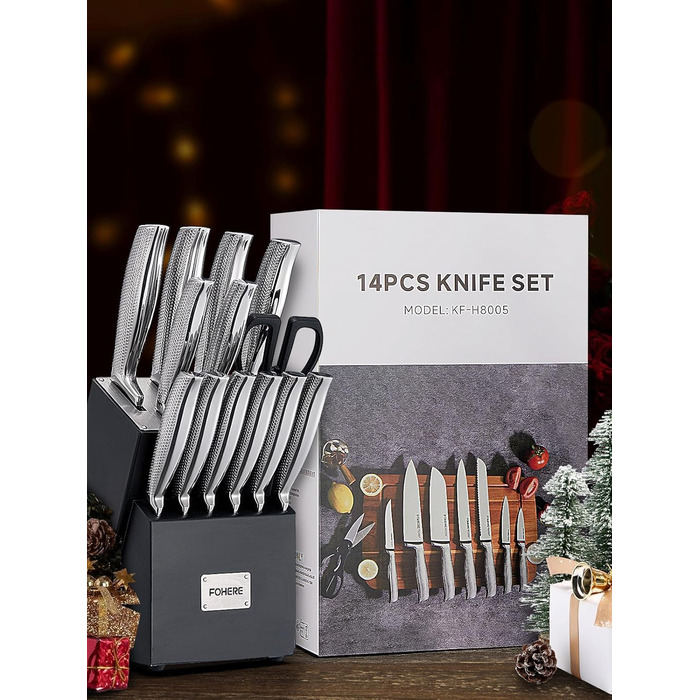 Набір ножів FOHERE з бруском для заточування, 14 предметів. Професійний набір кухонних ножів з нержавіючої сталі, ергономічні ручки, ідеальний подарунок