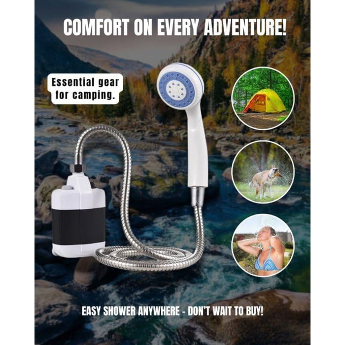 Переносний душ для кемпінгу HYDROPORT 2200 mAh: для подорожей, пляжу, домашніх тварин