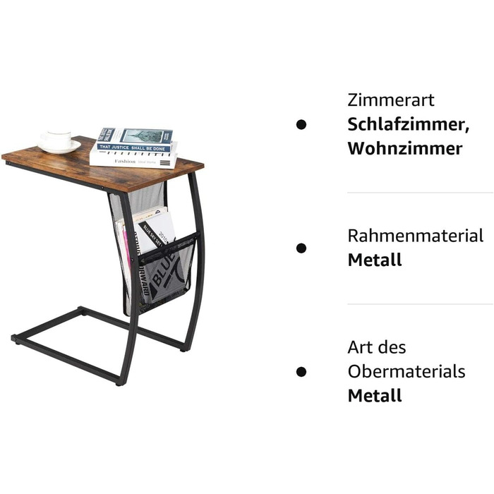 Журнальний столик LIFEZEAL С-подібний, журнальний столик з газетним мішком, журнальний столик з металевим каркасом, приліжкова тумбочка в індустріальному стилі, для вітальні, спальні та балкона, сільський коричневий і чорний
