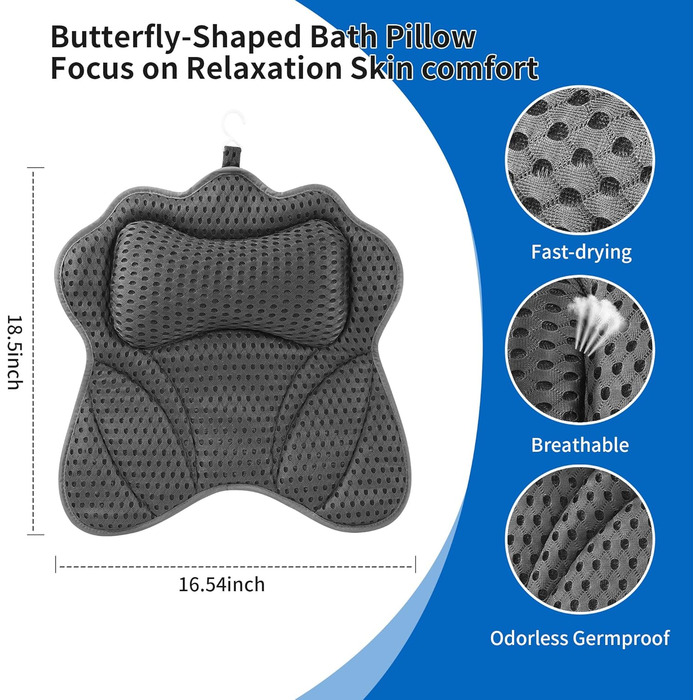 Подушка для ванни 4D сітка з присосками, підтримка шиї, плечей, голови та спини, сіра