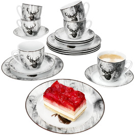 MamboCat Alois - кавовий сервіс на 6 осіб, 18 предметів, біле фарфорове посуд з декором оленів, 6 чашок 200 мл, 6 підставок та тарілки для сніданку та кави