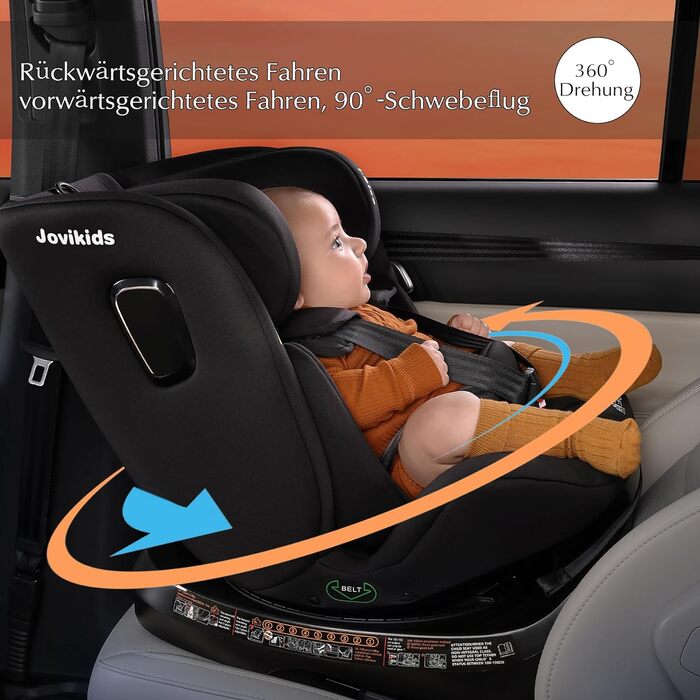 Дитяче автокрісло, що обертається на 360 Jovikids, з ISOFIX і положенням для відпочинку, i-Size (ECE R129) 40-150 см (0-36 кг) Дитяче автокрісло, повернуте проти руху, від народження -12 років Чорний