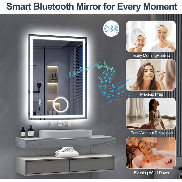 Дзеркало для ванної кімнати S'bagno Bluetooth з підсвічуванням 100x70 см, LED, протитуманне, диммер, Bluetooth, HD скло, IP44, горизонтальне/вертикальне