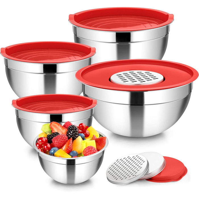 Набір мисок Homikit, 5 шт. з нержавіючої сталі, з кришкою та силіконовим дном, мультифункціональний, для салатів, 6.6L / 3.5L / 2.5L / 1.5L / 1L (червоний, з 3 тертками)