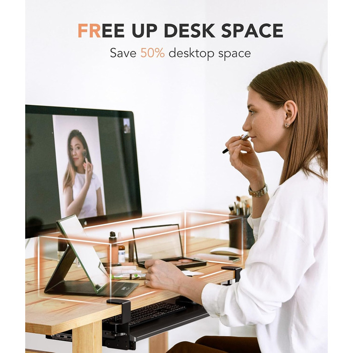 Висувна полиця під клавіатуру під стіл, чорна, з міцним C-кріпленням, 27.3x27.9 см (82.5 см з кріпленнями)