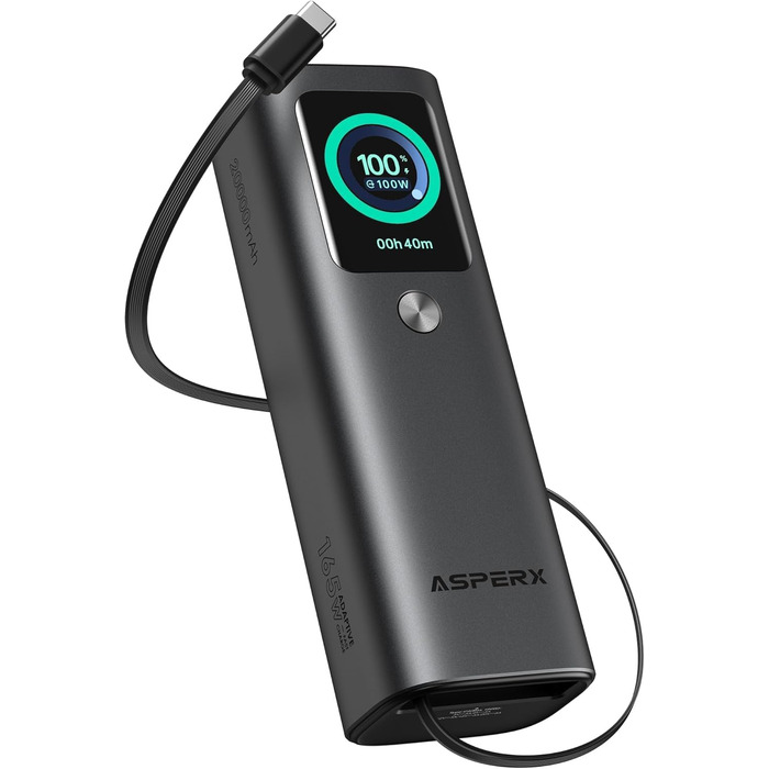 Power Bank AsperX 20000mAh, 165W, 2x USB-C (100W), для ноутбуків, iPhone, MacBook, Samsung, вбудований кабель 60см, TFT-дисплей