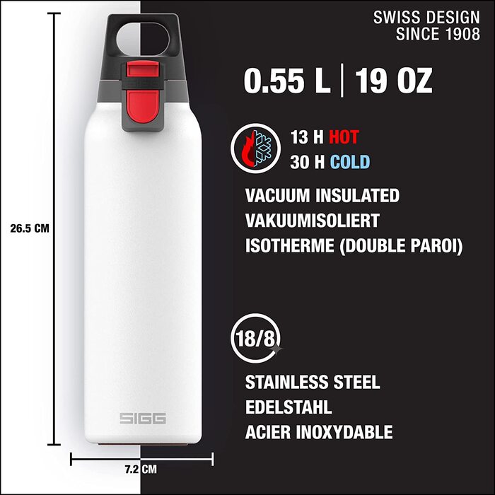 Термальна пляшка Sigg Hot & Cold one Light(0,55 л), екологічно чиста і ізольована пляшка для пиття для походів, одноручна відкрита Термальна пляшка з нержавіючої сталі 18/8 (White)