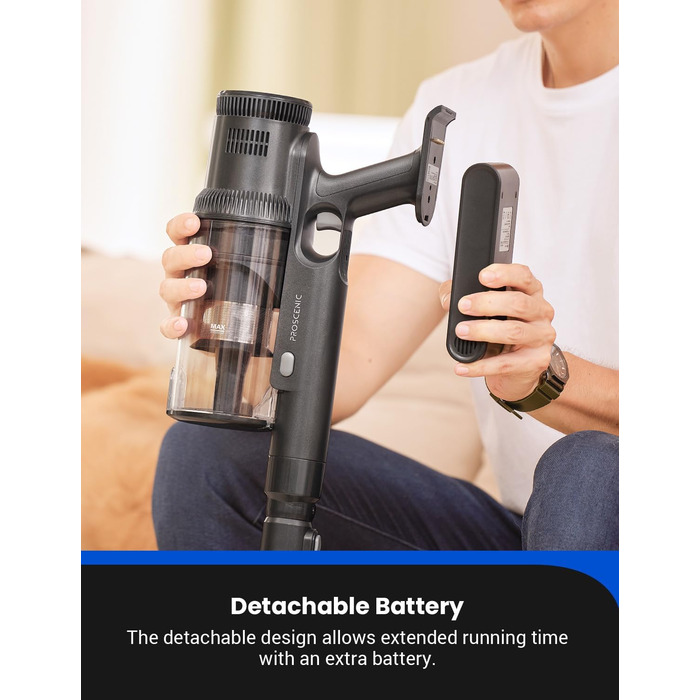 Бездротовий пилосос Proscenic P15: 55KPa, 580W, 70 хв, LED дисплей, антизаплутування, фільтр 6 шарів, для килимів, твердих поверхонь, шерсті тварин, автосалону (світло-сріблястий)