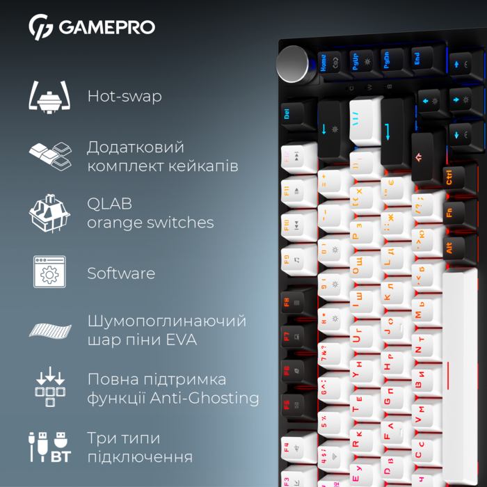 Бездротова механічна клавіатура GamePro Asgard Valhalla (MK160B Pro) 75% QLAB orange switches