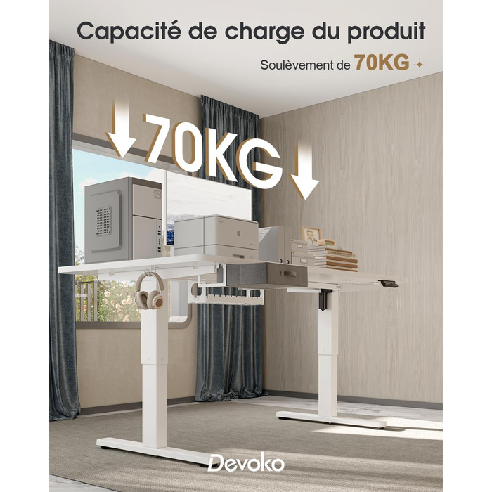 Регульований стіл Devoko 160x80 см з ящиками, USB-порт, органайзер для кабелів, стоячий стіл з пам'яттю, білий