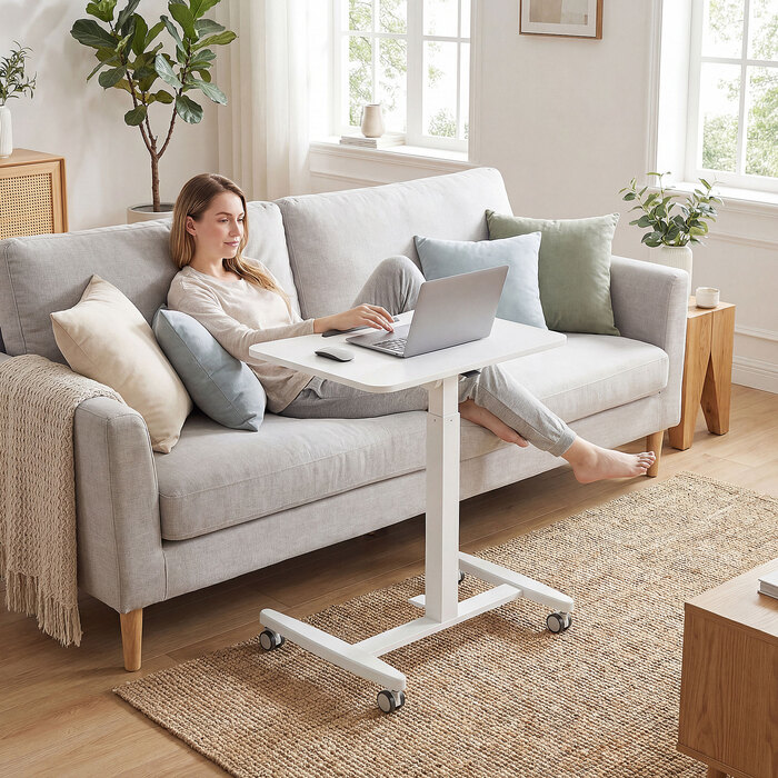 Регульований за висотою стіл для стояння, мобільний стіл з нахиленою стільницею, стопор безпеки, колеса, білий