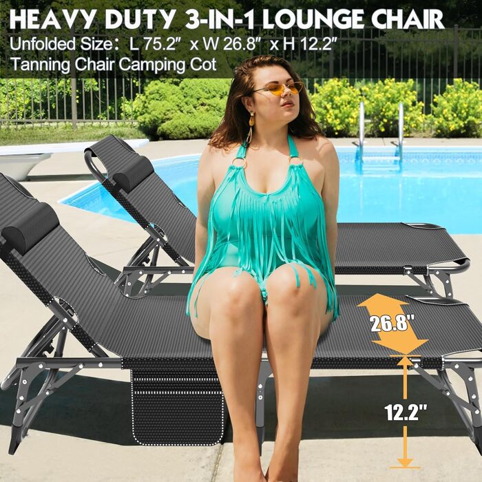 Лежанка для відпочинку MOPHOTO, розкладна для саду з матрацом, регульована спинка та підніжка, портативна, для дому та вулиці, складна (зелене дитяче ліжко, килимок) (чорний + синій)