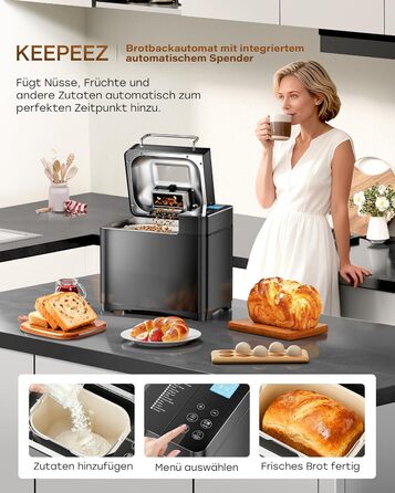 Преміум хлібопекарка Konvektions-Brotbackautomat 710W з керамічною формою, 17 функцій, диспенсер для горіхів, сталь, чорна