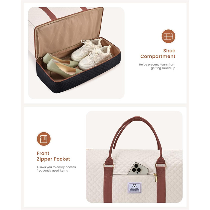 LOVEVOOK Перекидна дорожня сумка для жінок, 2-в-1, валіза, органайзер для взуття, водонепроникна, ручна, для подорожей (53L, чорний, бежевий, коричневий)