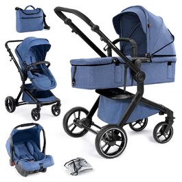 Дитяча коляска Bergsteiger Lugo 3в1 | Комплект: люлька, прогулянковий блок, автокрісло | Isofix база (синій)