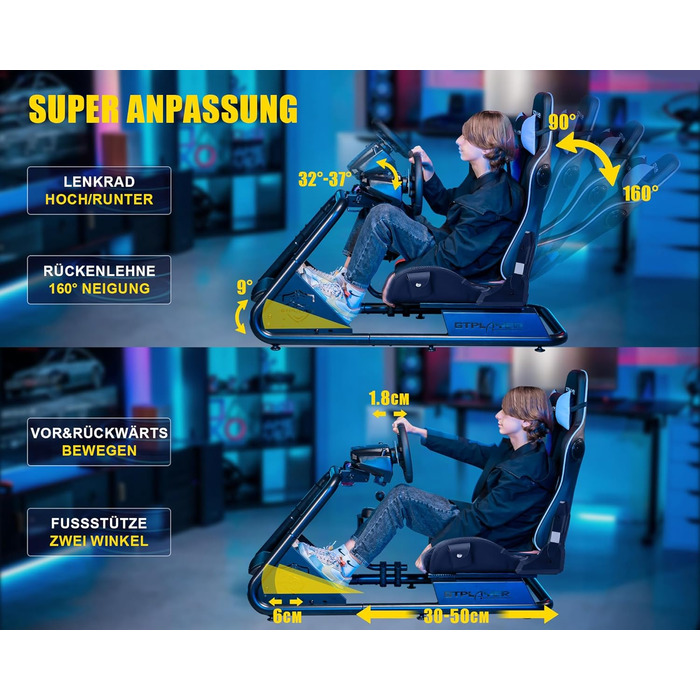 GTPLAYER Симулятор кокпіт для автосимуляторів, стійка для керма та педалей з динаміками (Синій)