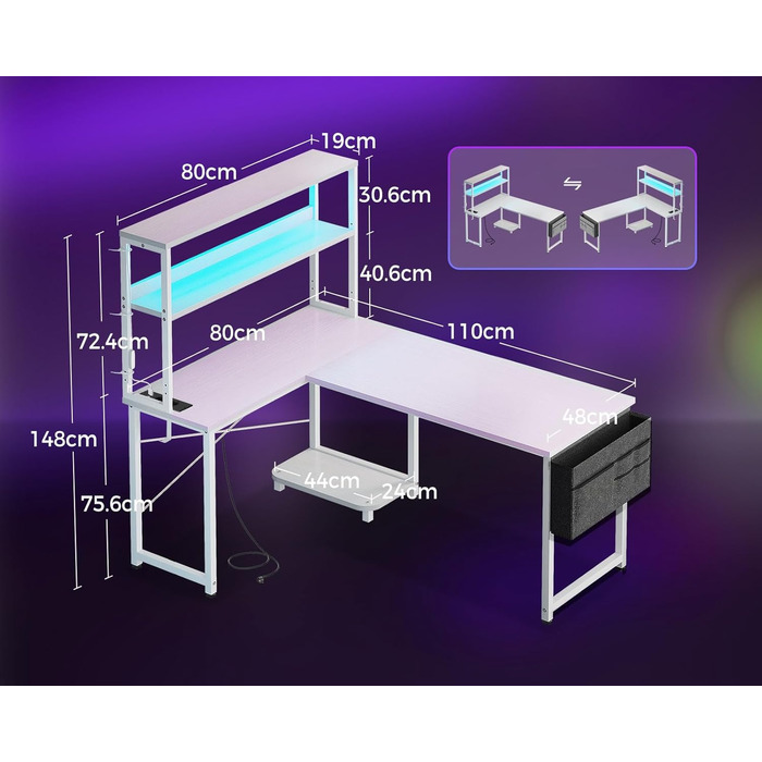 Ігровий стіл Coleshome L-подібної форми з LED підсвічуванням та розетками, 115x80 см. Реверсивний стіл з полицями для зберігання, ігровий кутовий стіл з сумкою для дому та геймінгу.