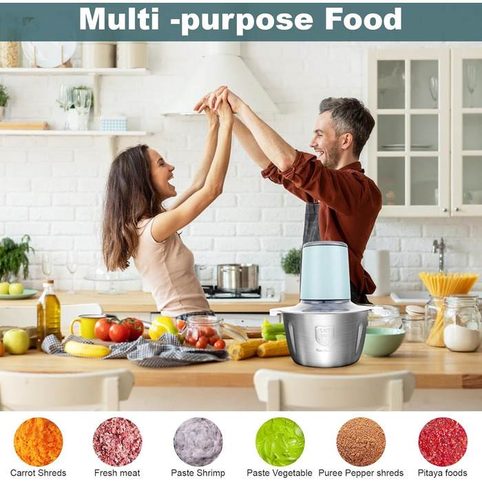 Електричний подрібнювач для кухні з великою ємністю 148W: 2 швидкості, 2л контейнер з нержавіючої сталі, 4 ножі з нержавіючої сталі. Подрібнювач для м'яса, цибулі, фруктів та овочів