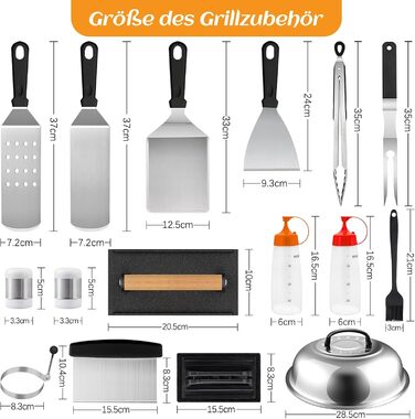 Набір гриль-посуду, аксесуари для гриля BBQ з пресом для бургерів, шпатель, лопатка для бургерів, прес для Smash Burger, аксесуари для Plancha, гриль Teppanyaki, для приготування на відкритому повітрі та в приміщенні (18 предметів), чорний