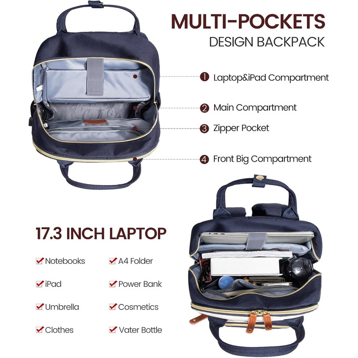 LOVEVOOK Рюкзак для жінок з відділенням для ноутбука 15.6 дюймів, шкільний рюкзак для дівчаток та підлітків, водонепроникний, анти-крадіжка, для школи, подорожей, роботи, легкий, з PU-матеріалу, кольори: бежевий, темно-синій, коричневий