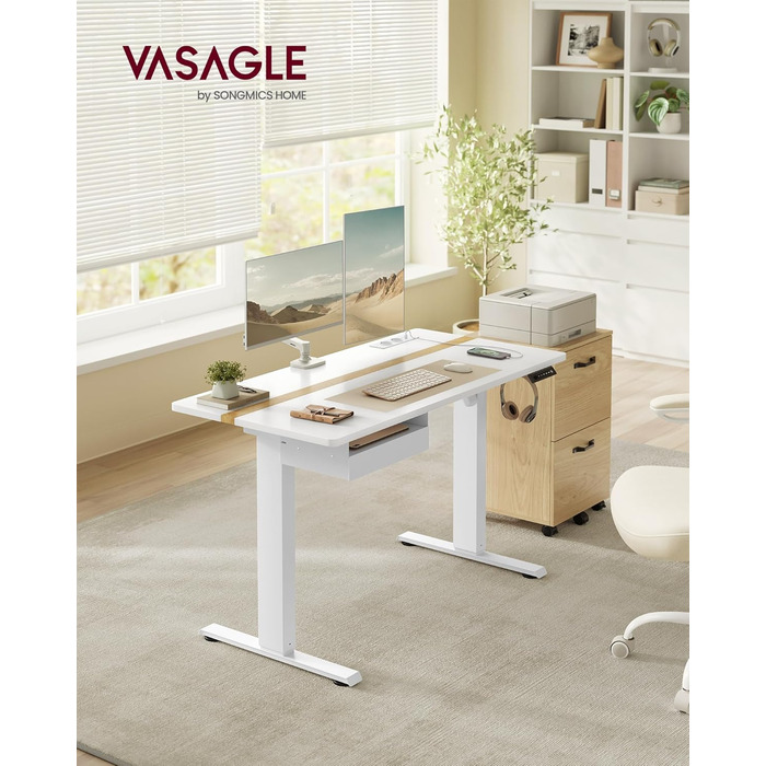 Електричний регульований стіл VASAGLE 120x60 см, білий + горіховий, з пам'яттю висоти, з розетками та ящиком
