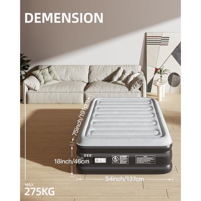Надувне ліжко CHILLSUN® з електричним насосом, 203x152x46 см, водонепроникна поверхня, для кемпінгу та гостей (подвійне)