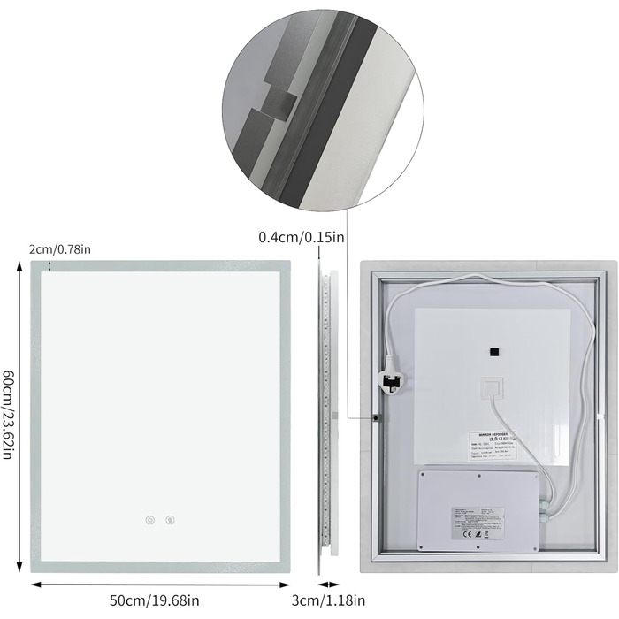 Дзеркало для ванної кімнати LUVODI з підсвічуванням 40x50 см: регульоване LED дзеркало з 3 кольорами світла, 2 сенсорні кнопки, запобігає запотіванню, водонепроникне, монтаж на стіну (горизонтальний/вертикальний)