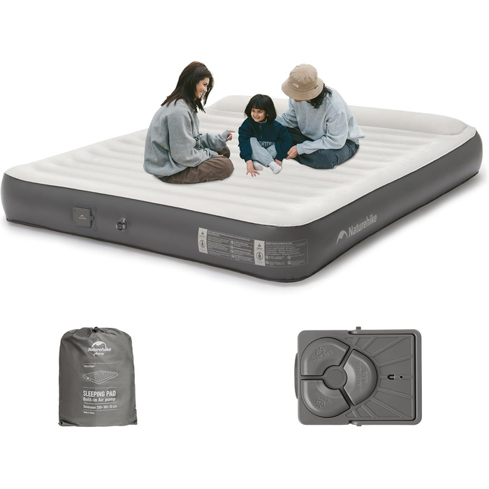 Надувний матрац Naturehike 2 особи з електричним насосом, 200x150x25 см. Самостійно надувний, преміум-якість, для кемпінгу та дому. Колір: коричневий та сірий (з подушками)