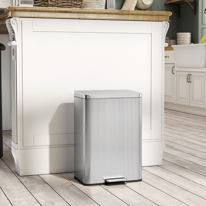 Відро для сміття 20 л з м'яким закриттям кришки, педаллю та знімним внутрішнім відром, срібного кольору, розміром 34,2 x 30,6 x 44,2 см