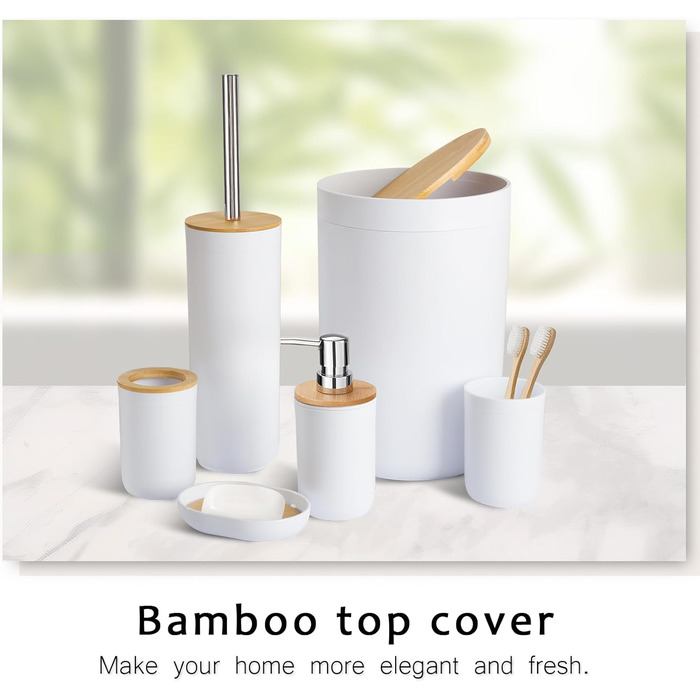 CERBIOR Набір аксесуарів для ванної кімнати з бамбука, 6 предметів: мильниця, тримач для зубних щіток, стакан для ополіскування, дозатор для лосьйону, флакон, сміттєвий бачок, щітка для унітазу, білий