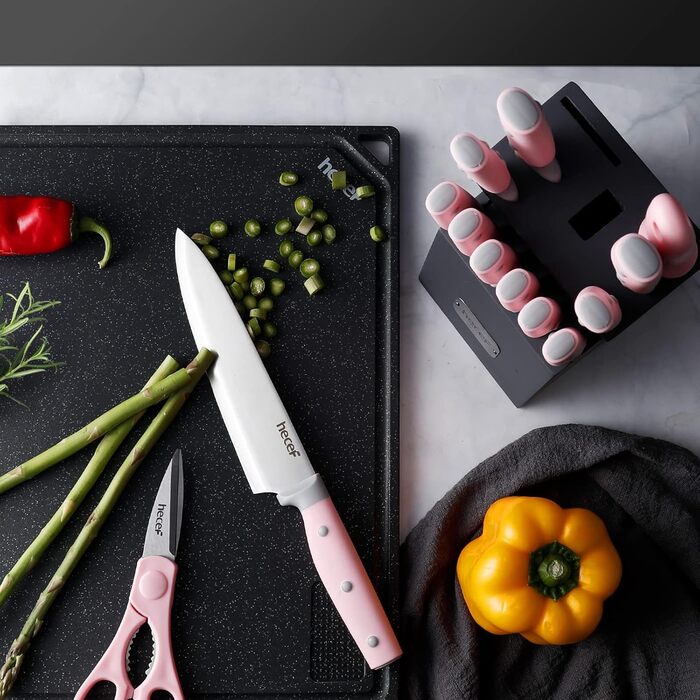Набір ножів Hecef 14 предметів з дерев'яним блоком, професійний набір кухонних ножів з нержавіючої сталі, з ножицями, ножем для стейка та точилкою (рожевий)