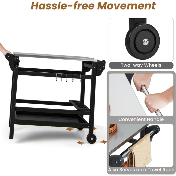 Гриль-візок Komfotteu з нержавіючою сталею, столиця для гриля, візок для сервірування з полицями для спецій, вина та гачками, для зони відпочинку