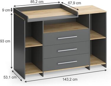 Комод-ліжко Vicco Oskar з приставкою-ліжком, сірий, 143 x 100 см XL з шухлядами, білий/сірий (антрацит/золотий дуб)