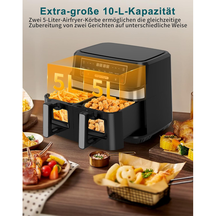 Подвійна фритюрниця без олії з 2 камерами, 10л, 8-в-1, сенсорний екран, таймер, XXL