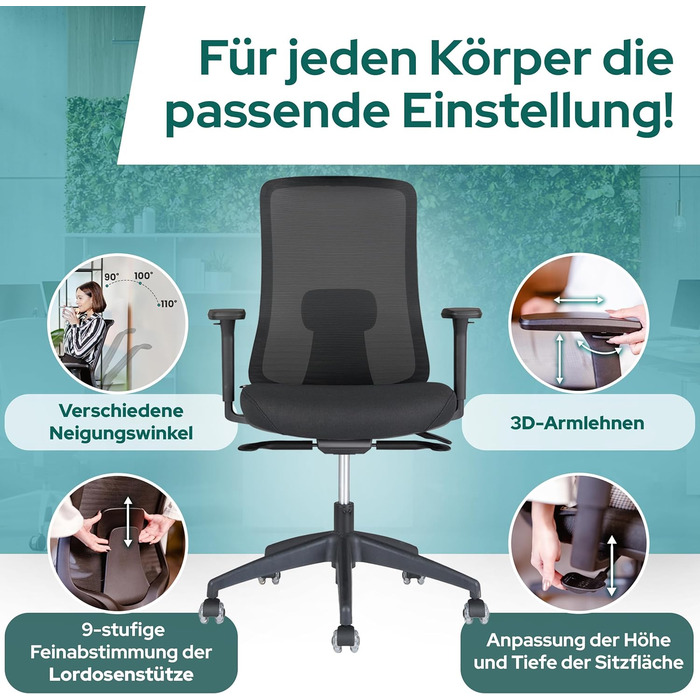 Ергономічне крісло Schekka® для офісу - переможець тестів. Індивідуальне регулювання, підтримка попереку, 3D підлокітники, дихаюча сітка. Макс. вага 150 кг, чорний колір, без підголівника.