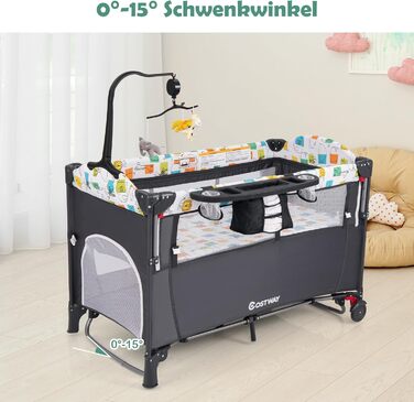 Дитяче ліжко-манеж COSTWAY 120x60 см з матрацом, пеленальним столиком, іграшками та музичною шкатулкою, сірий колір