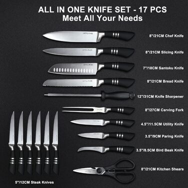 Набір кухонних ножів Kitkanis 17 предметів з бруском, професійний, з нержавіючої сталі, з кухонними ножицями та точильним бруском, з масивного дерева