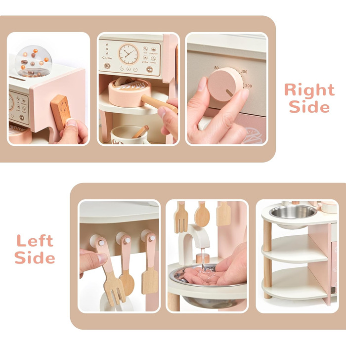 Дитяча дерев'яна кухня для приготування їжі - ігровий набір з 26 аксесуарів. Іграшкова кухня з продуктами та кухонним посудом. Чудовий подарунок для дівчаток та хлопчиків 3+ років. Велика кухня (рожева)