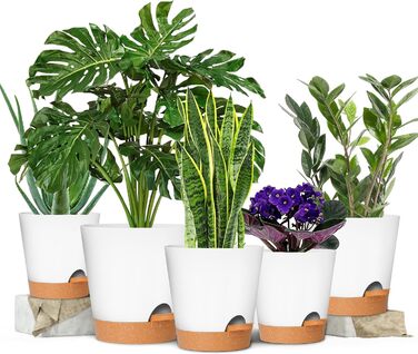 Набір горщиків для квітів Gardife з автополивом, 5 шт. різного розміру (12.7-17.8 см), пластикові, для кімнатних рослин, білі